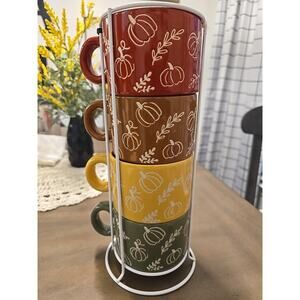Hobby Lobby 4 Piece Coffee Mug set with Stand Fall Autumn